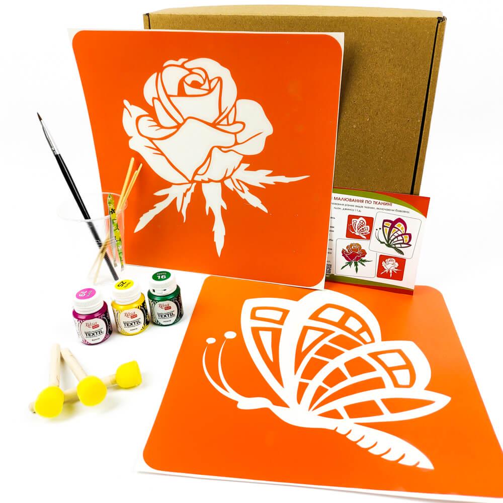 Набор для рисования по ткани Fresh Tattoo Бабочка и роза 2 больших трафаретов и 3 краски (paint-butterfly-rose)