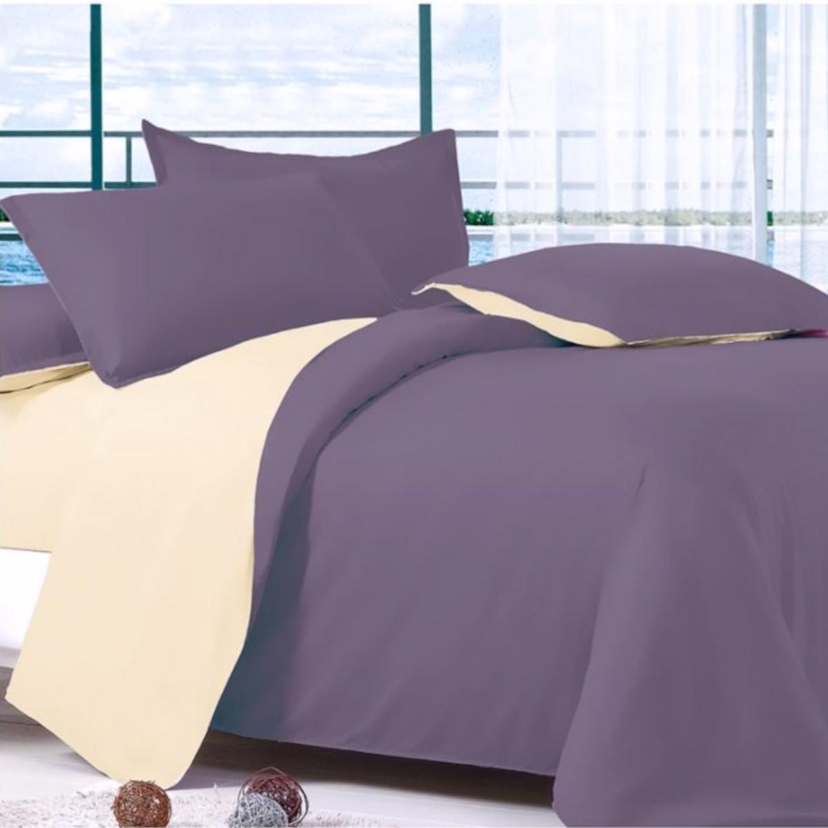 Комплект постельного белья Koloco сатин двуспальный Фиолетовый с бежевым (42186)