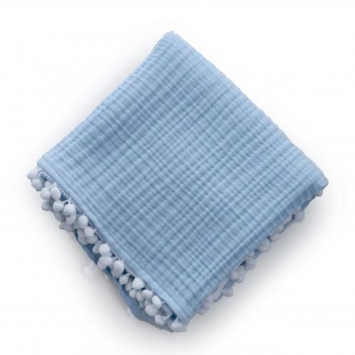 Плед детский с помпонами Twins муслиновый 4-х слойный 80х80 см Голубой