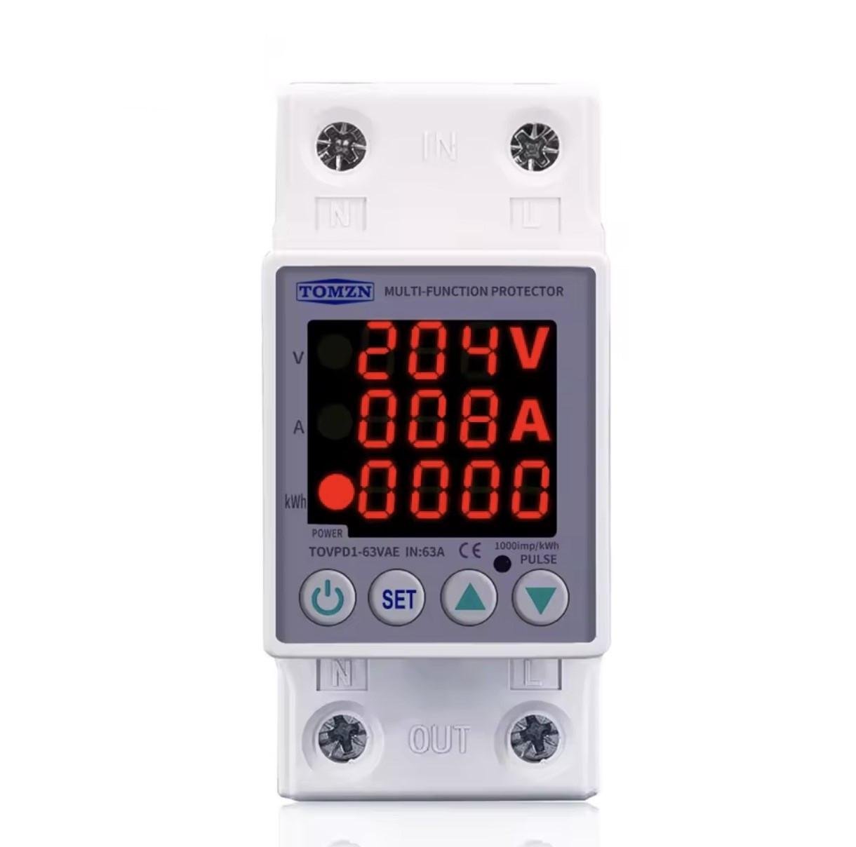 Реле напряжения и тока TOMZN со счетчиком электроэнергии 1-63 А 170-270 В (TOVPD1-63VAE) - фото 1
