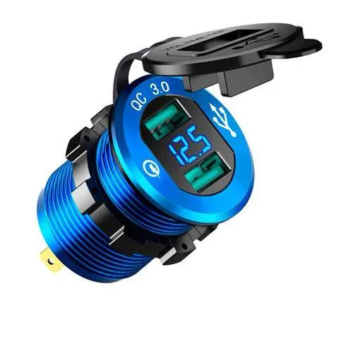 Адаптер встроенный 2xUSB QC3.0 с вольтметром 12-24 В в алюминиевый прикуриватель Синий (359718)
