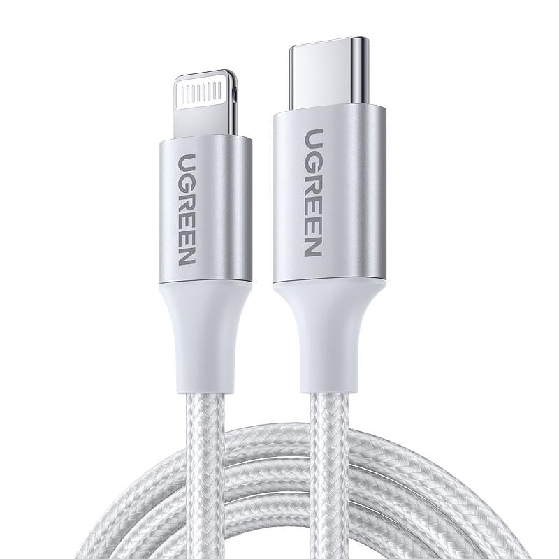 Кабель Type-C to Lightning PD 20W UGREEN US304 MFI Cable Aluminum Shell Braided 1 м White (70523)