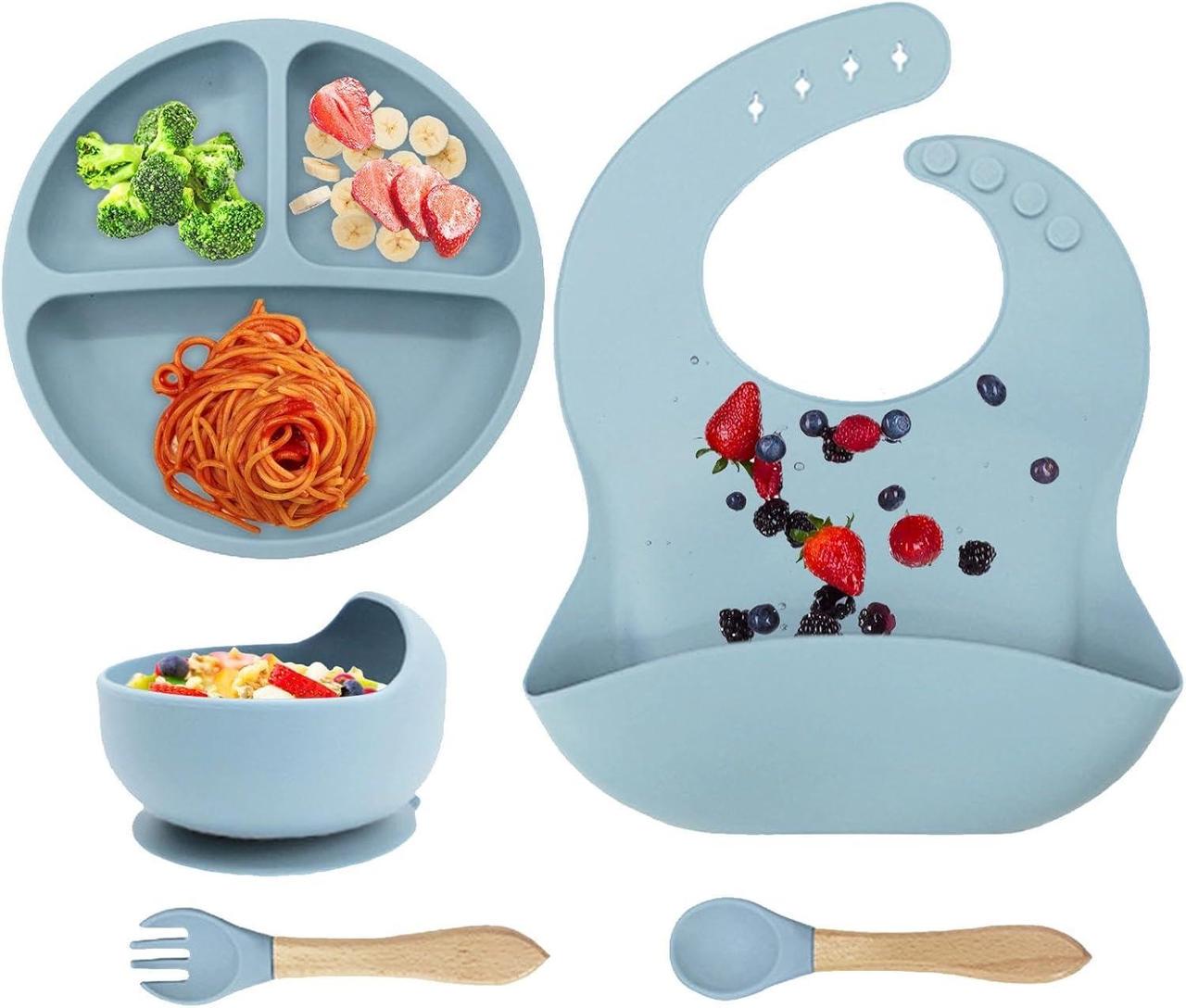 Дитячий набір посуду для годування 5в1 силіконовий Блакитний (Е051501) - фото 3 Дитячий набір посуду для годування 5в1 силіконовий Блакитний (Е051501) - фото 3