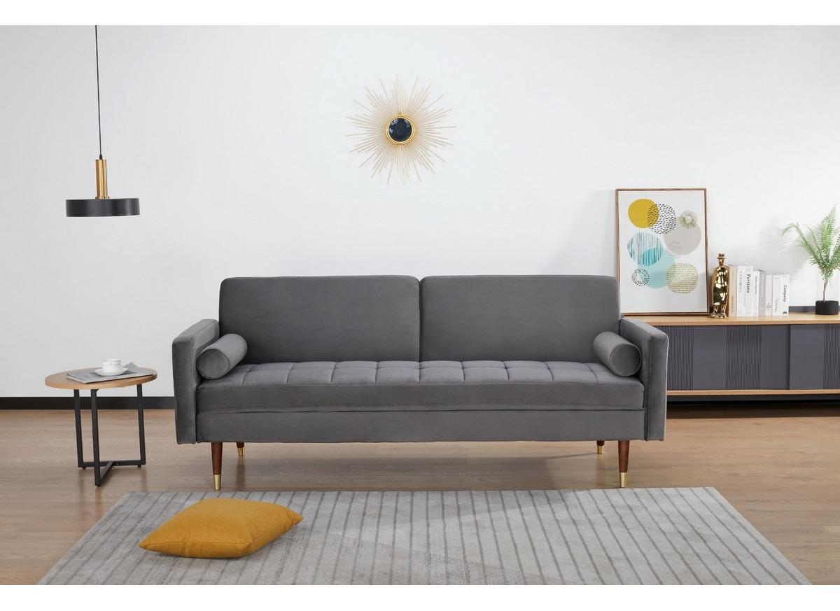 Диван-софа раскладной для кабинета, гостиной, офиса Vetro Mebel Оливия 1960х840х840 дерево/металл/ткань вельвет цвет натуральный/золотой/серый