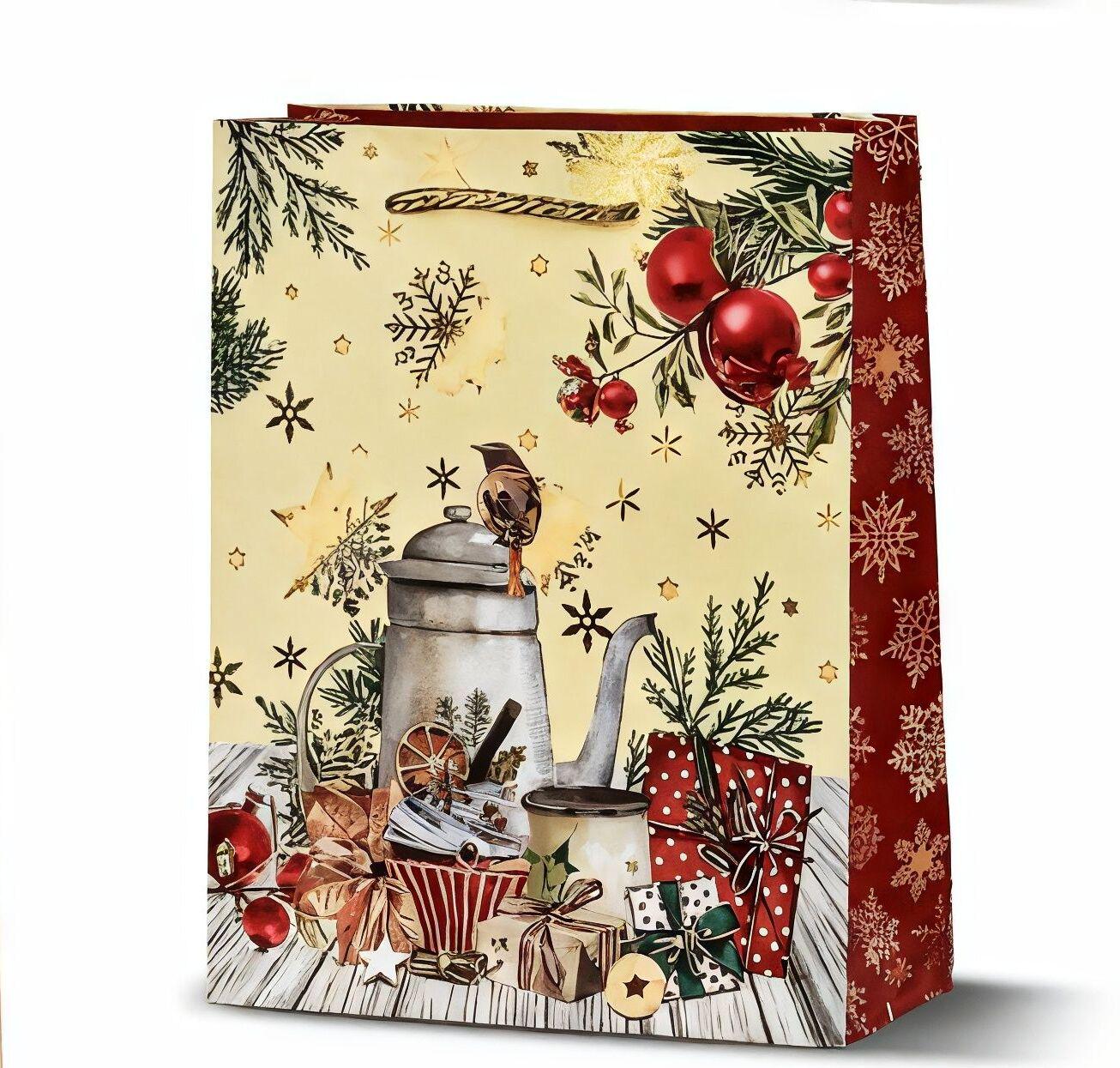 Подарунковий пакет новорічний Stenson L Christmas motif паперовий 31х42х12 см Жовто-червоний (R33021-L)