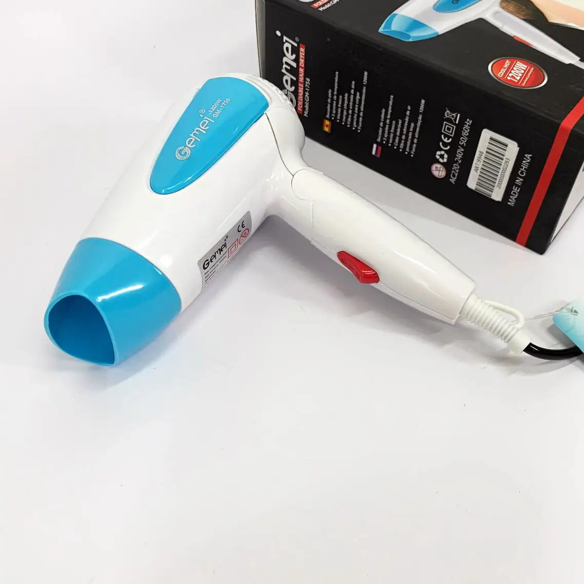Фен дорожный Gemei GM-1756 1200 Вт складной с концентратором Голубой (ML-05272) - фото 8
