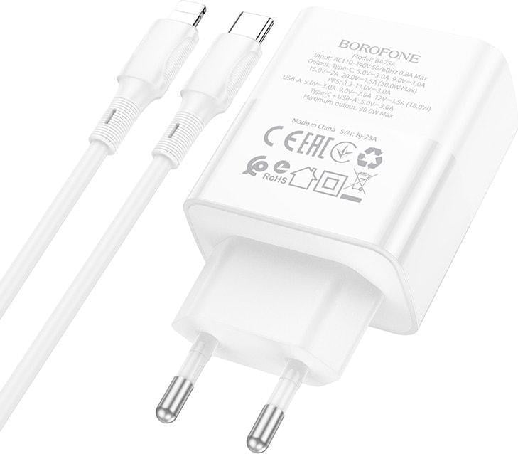 Пристрій зарядний Borofone BA75A 30W USB-A/USB-C/кабель Type-C - Lightning 1 м White (36672) - фото 3 Пристрій зарядний Borofone BA75A 30W USB-A/USB-C/кабель Type-C - Lightning 1 м White (36672) - фото 3