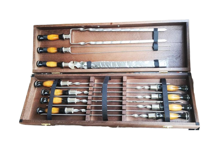 Набор шампуров с деревянными ручками 11 пр. в деревянном коричневом кейсе