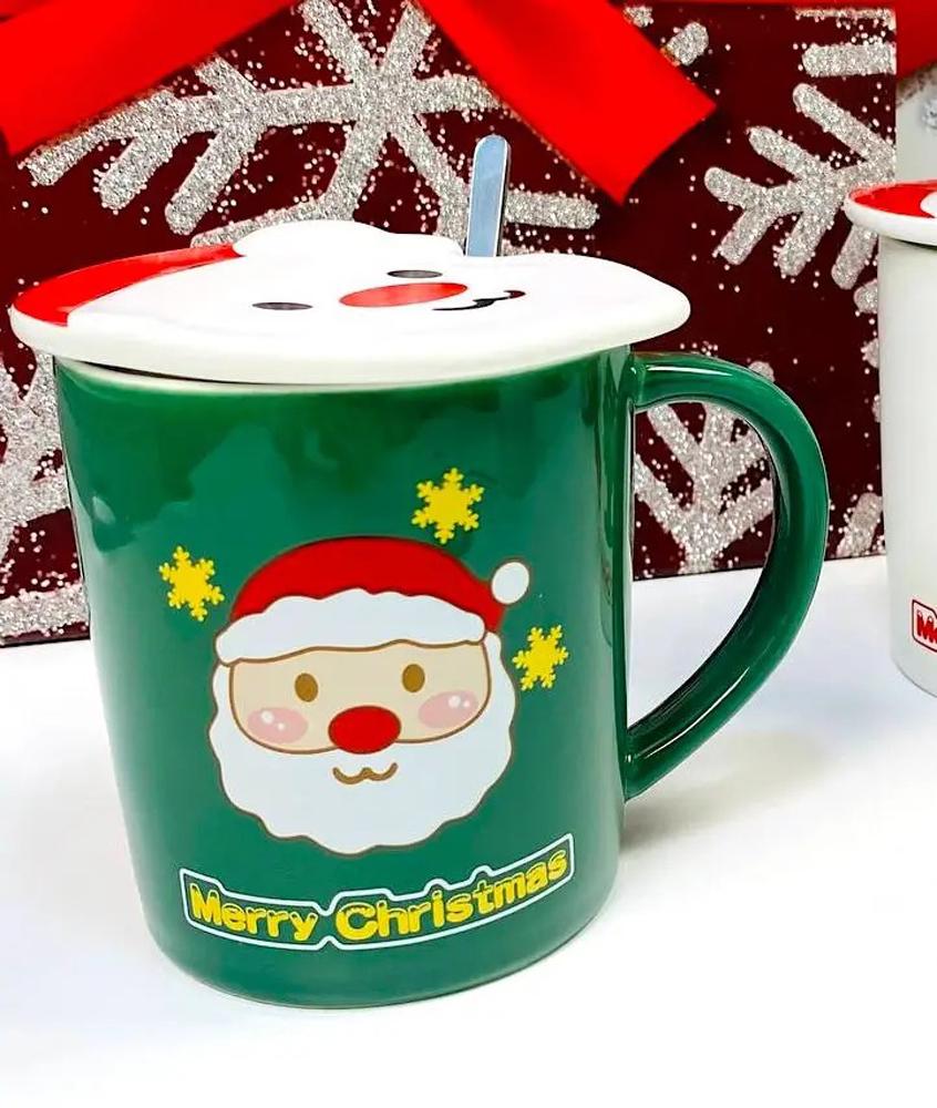 Чашка новорічна з кришкою і ложкою Санта кераміка 380 мл Зелений - фото 2