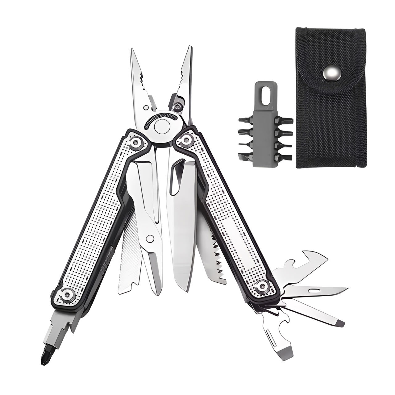 Мультитул 25в1 из нержавеющей стали 420 универсальный инструмент складной с набором бит и нейлоновым чехлом Silver/Black (001087)