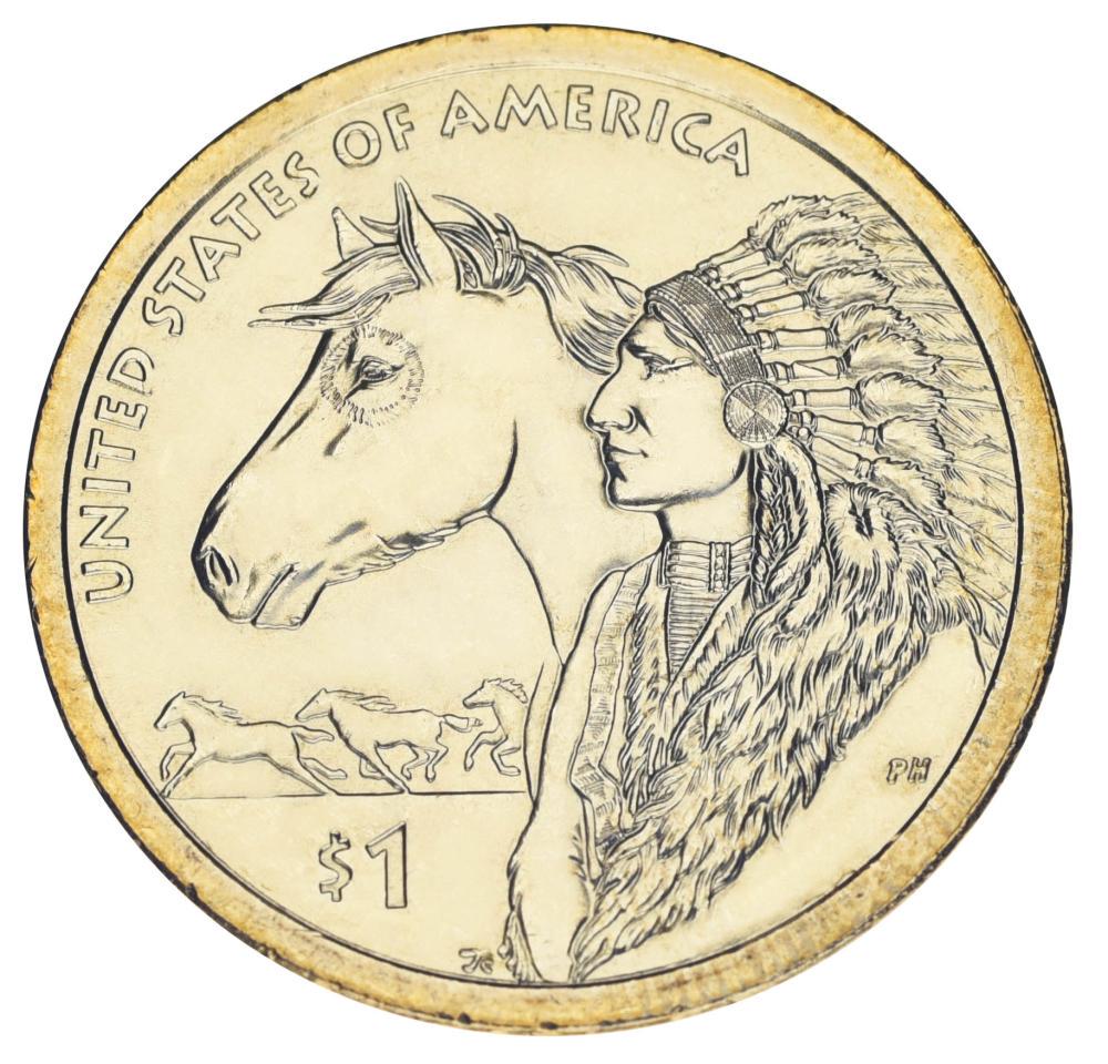 Коллекционная монета США 1 доллар 2012 D UNC Сакагавея Коренные американцы Торговые пути 17 века Индеец с лошадью (KM#528)