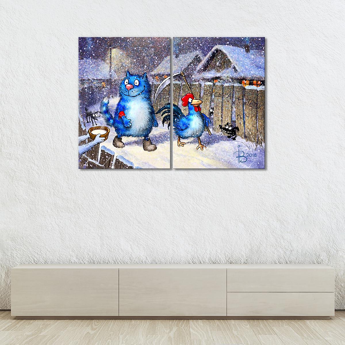 Модульная картина Кот и Петух дежурят в Новогоднюю ночь 2 модуля 70x105 см