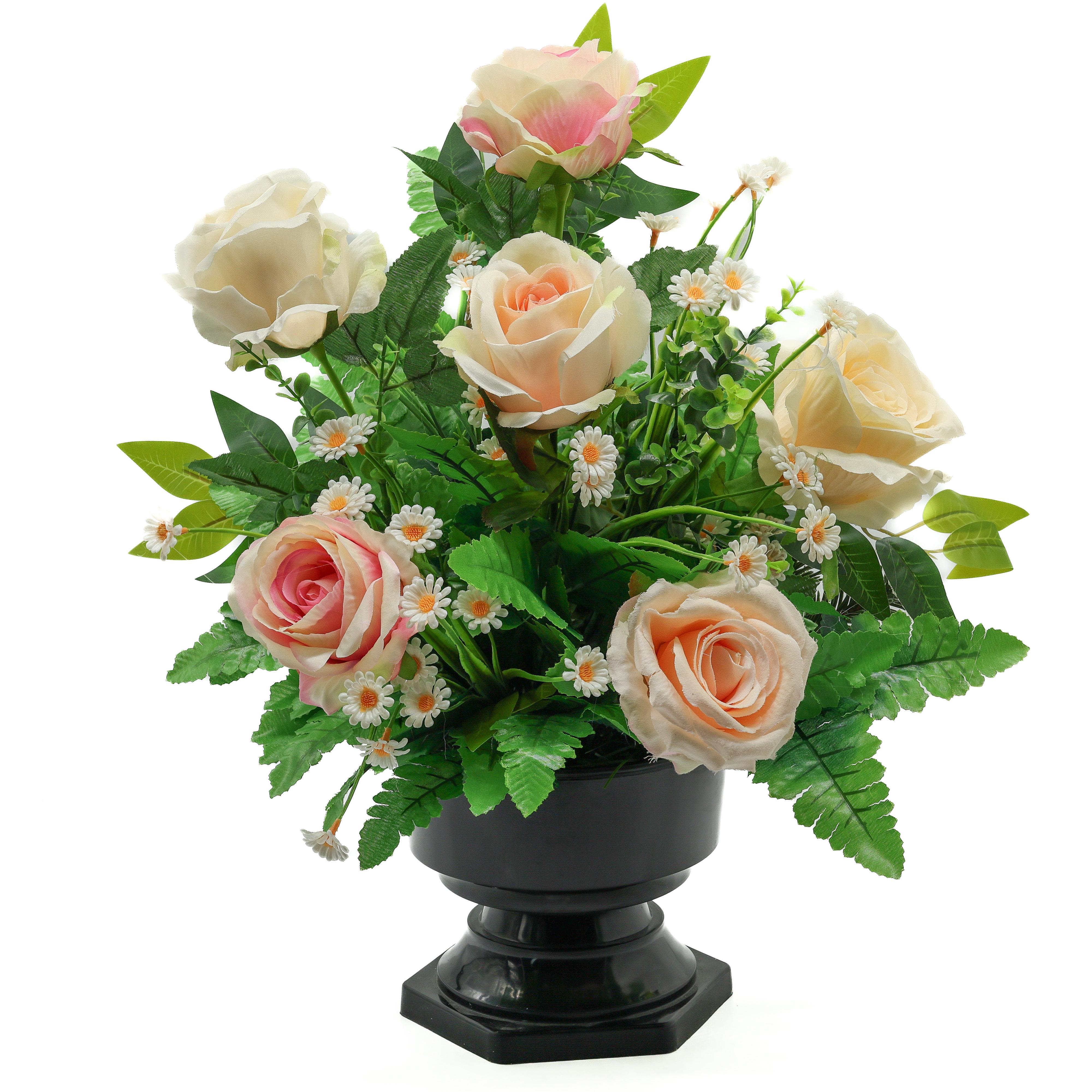 Композиція ритуальна Gala Decor 6 елітних троянд з зеленню у чорному кашпо 35х45 см