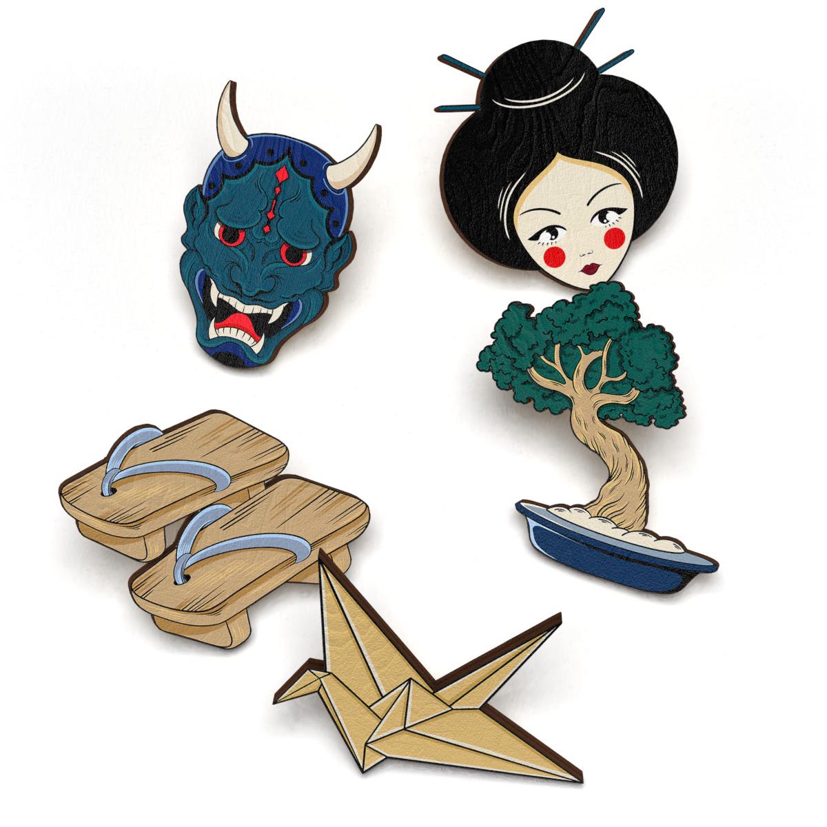 Набор значков Lex Altern Японский стиль/бонсай из дерева 5 шт.