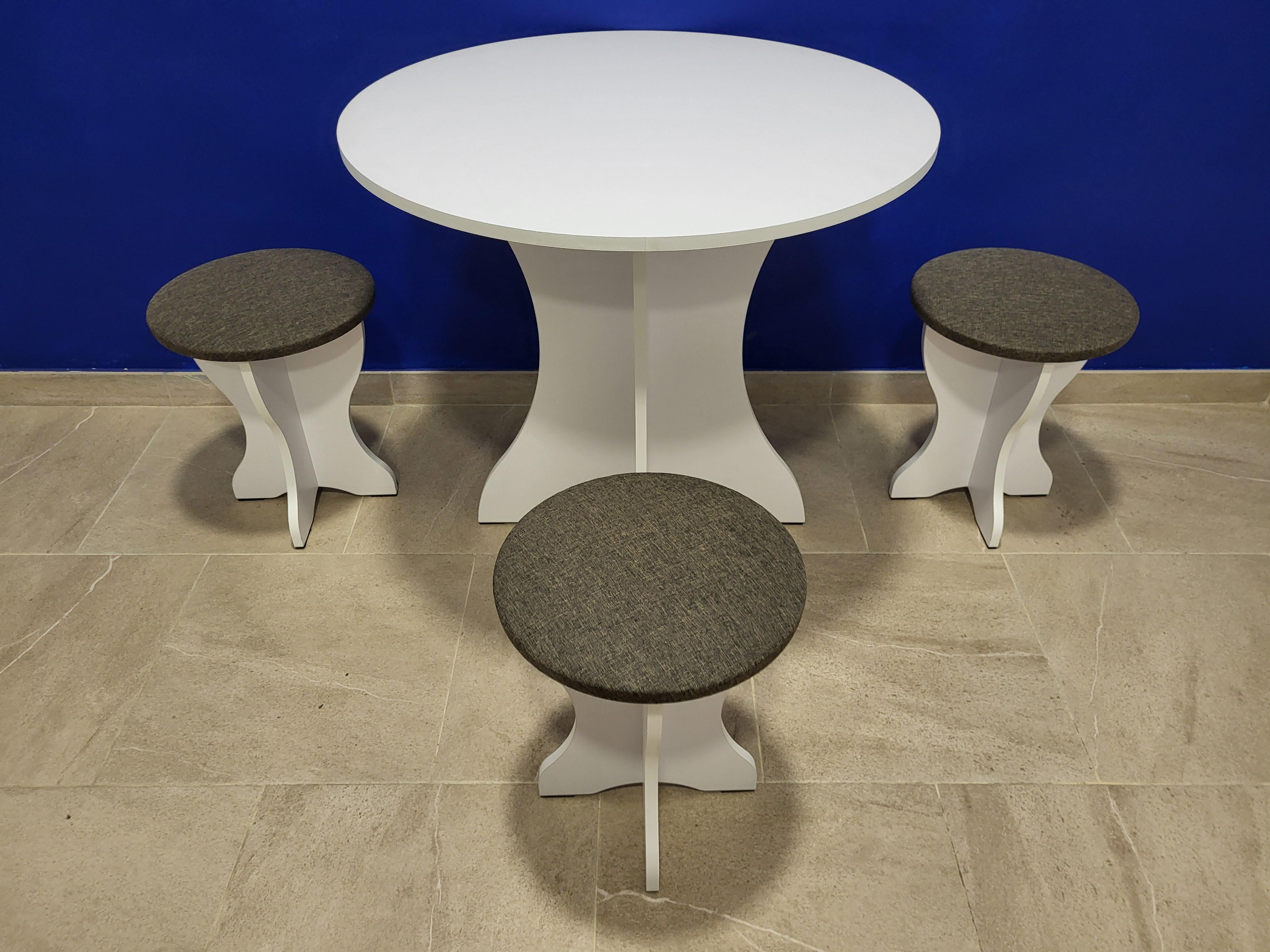 Стол круглый и 3 табурета Боярин ДСП/ткань Белый/Савана браун (S3T-B-TSB)