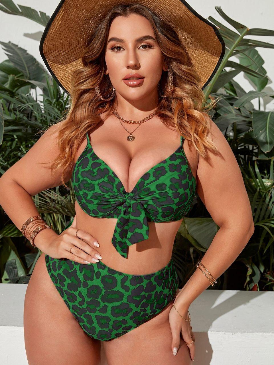Купальник бикини женский раздельный Plus Size с высокими плавками 1XL Леопардовый/Зеленый (800413-1XL)
