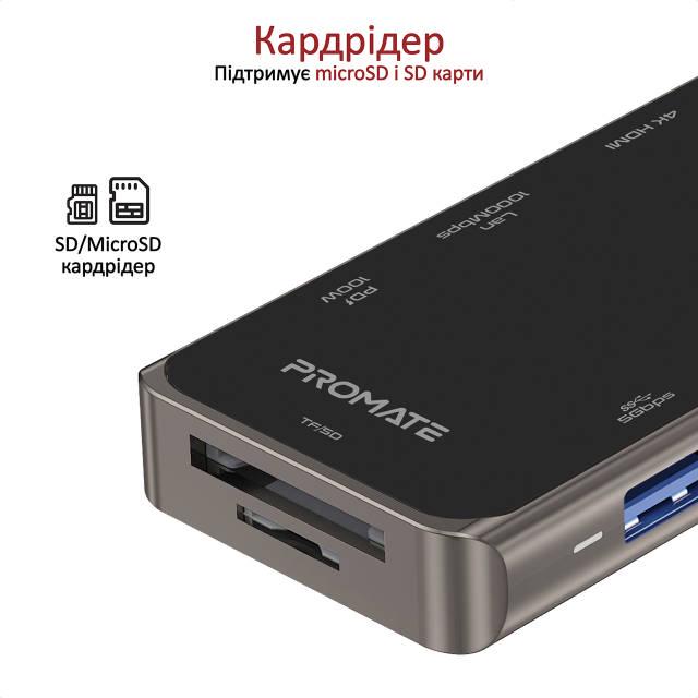 USB-C хаб 11в1 Promate PrimeHub-Pro USB-C PD/HDMI/VGA/2xUSB 3.0/2xUSB 2.0/RJ45/SD/MicroSD/AUX 3,5 мм Grey - фото 7