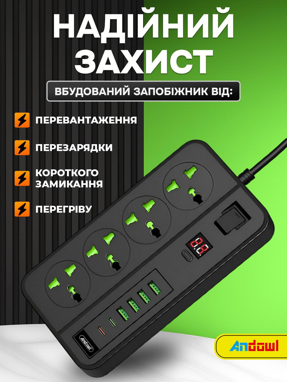 Фильтр сетевой универсальный Andowl Q-PX990X1 10в1 с USB Type-C хабом 3000 Вт для 10 устройств 1,7 м Черный (4ed54a10) - фото 9