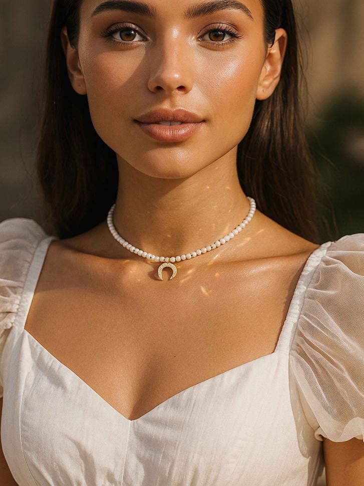 Кольє з каменю перламутр с золотою лунницею з фіанітами (5494)