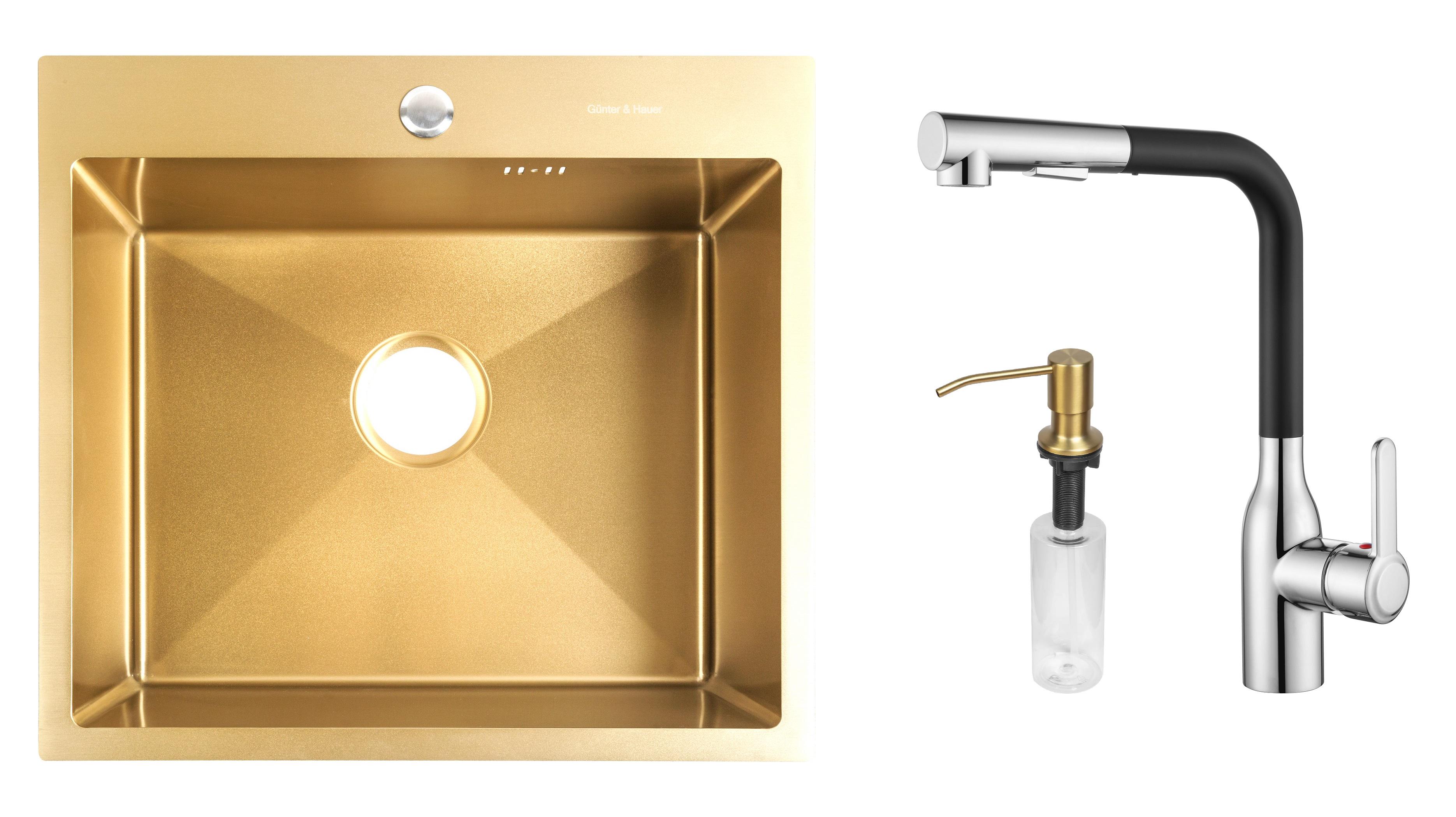 Комплект из кухонной мойки Gunter&Hauer Mindel 5522 Gold кухонного смесителя Gunter&Hauer DUNKEL Cr-Bl и дозатора Gunter&Hauer SOAP DISPENSER Gold