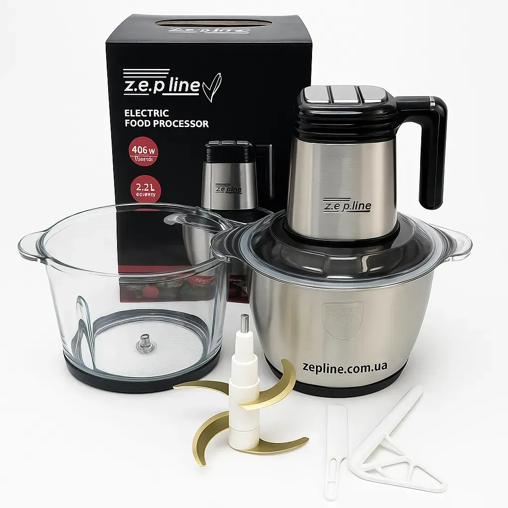 Измельчитель кухонный Zepline ZP-00219 6в1 2 чаши 3,2 л 3000 Вт стекло|нержавеющая сталь ножи титан (ML-05076)