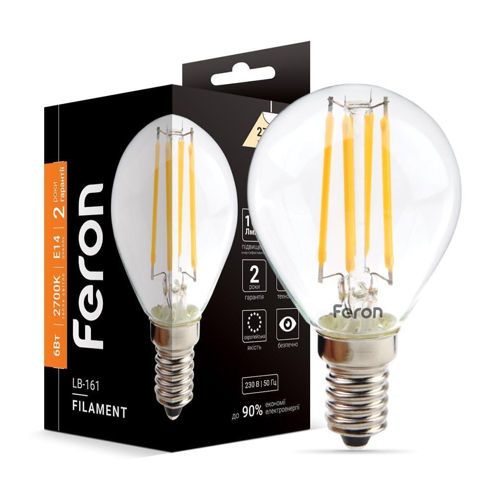 Лампа світлодіодна Feron Filament LB-161 P45 230V 6W E14 2700K (27844413)