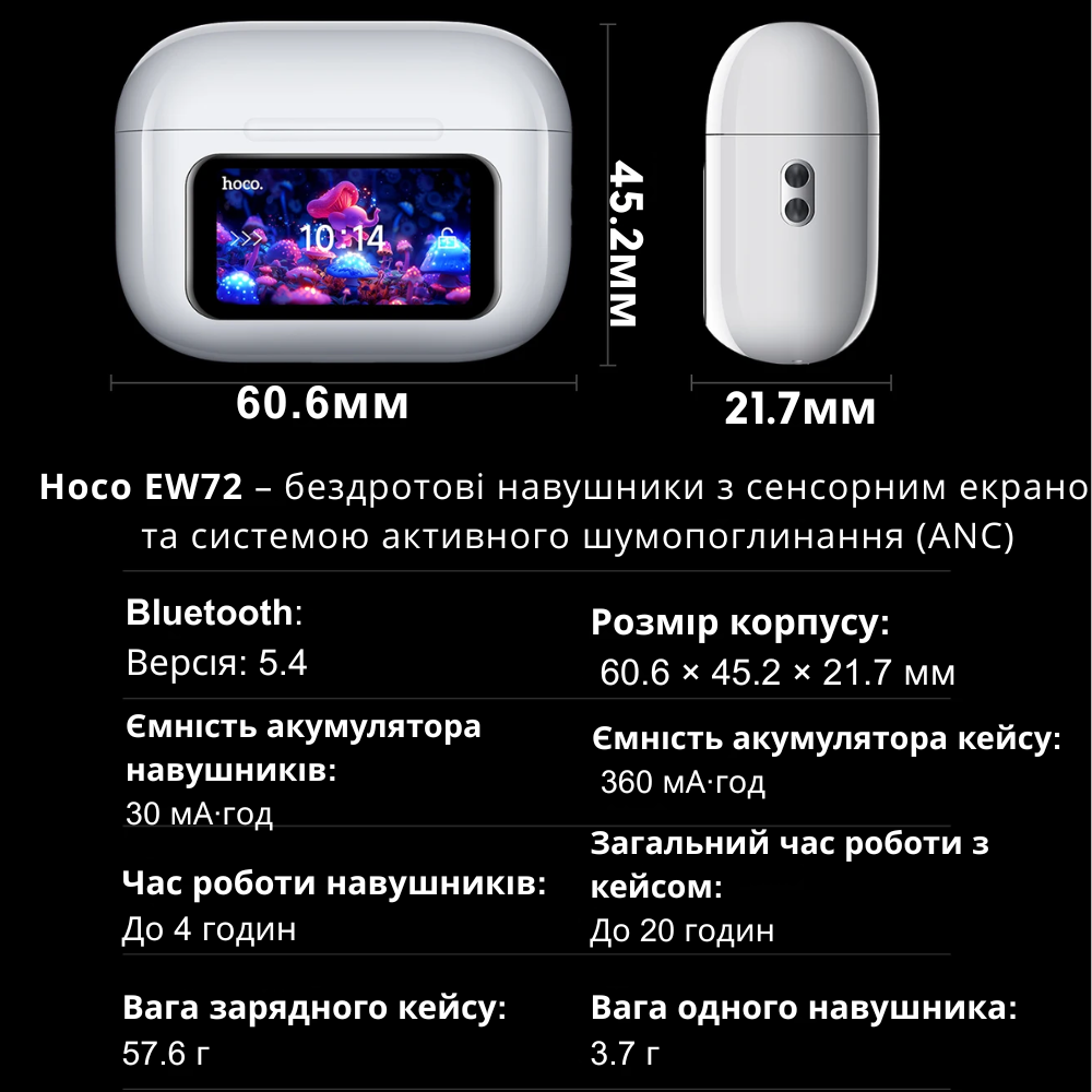 Навушники бездротові вакуумні Hoco Bluetooth 5.4 TWS з дисплеєм сенсорним та зарядним кейсом Білий (EW72) - фото 7