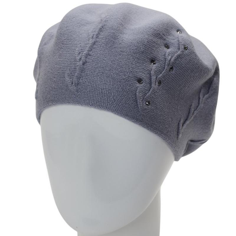 Берет женский Novita Ветка двойной с аккуратным узором сбоку и стразами one size Дымчатый (281846)