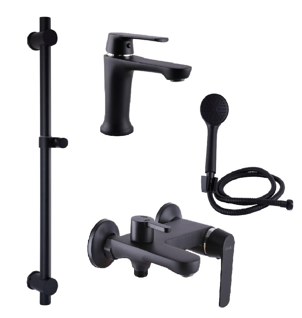 Комплект смесителей Globus Lux Laguna для ванной 3в1 умывальник/ванная/душевая стойка с ручным душем Черный (2185621861) Комплект смесителей Globus Lux Laguna для ванной 3в1 умывальник/ванная/душевая стойка с ручным душем Черный (2185621861)