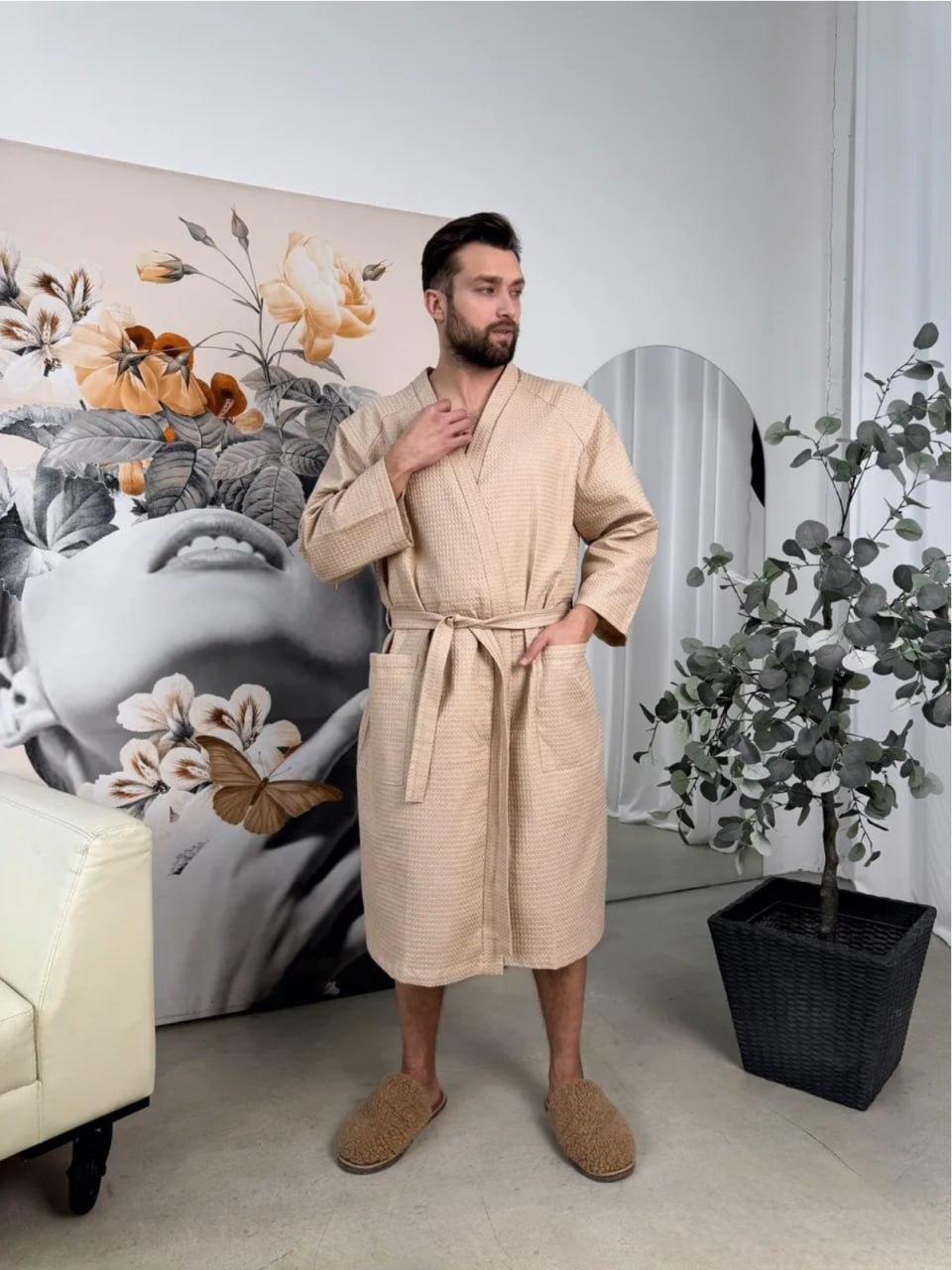 Халат мужской хлопковый XL Бежевый (Д-lel-mal-vafel25-006-02)