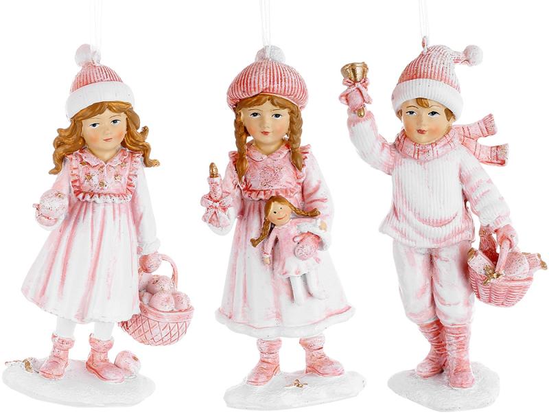 Набор подвесных фигурок Дети с подарками в розовом 6 шт. 13 см