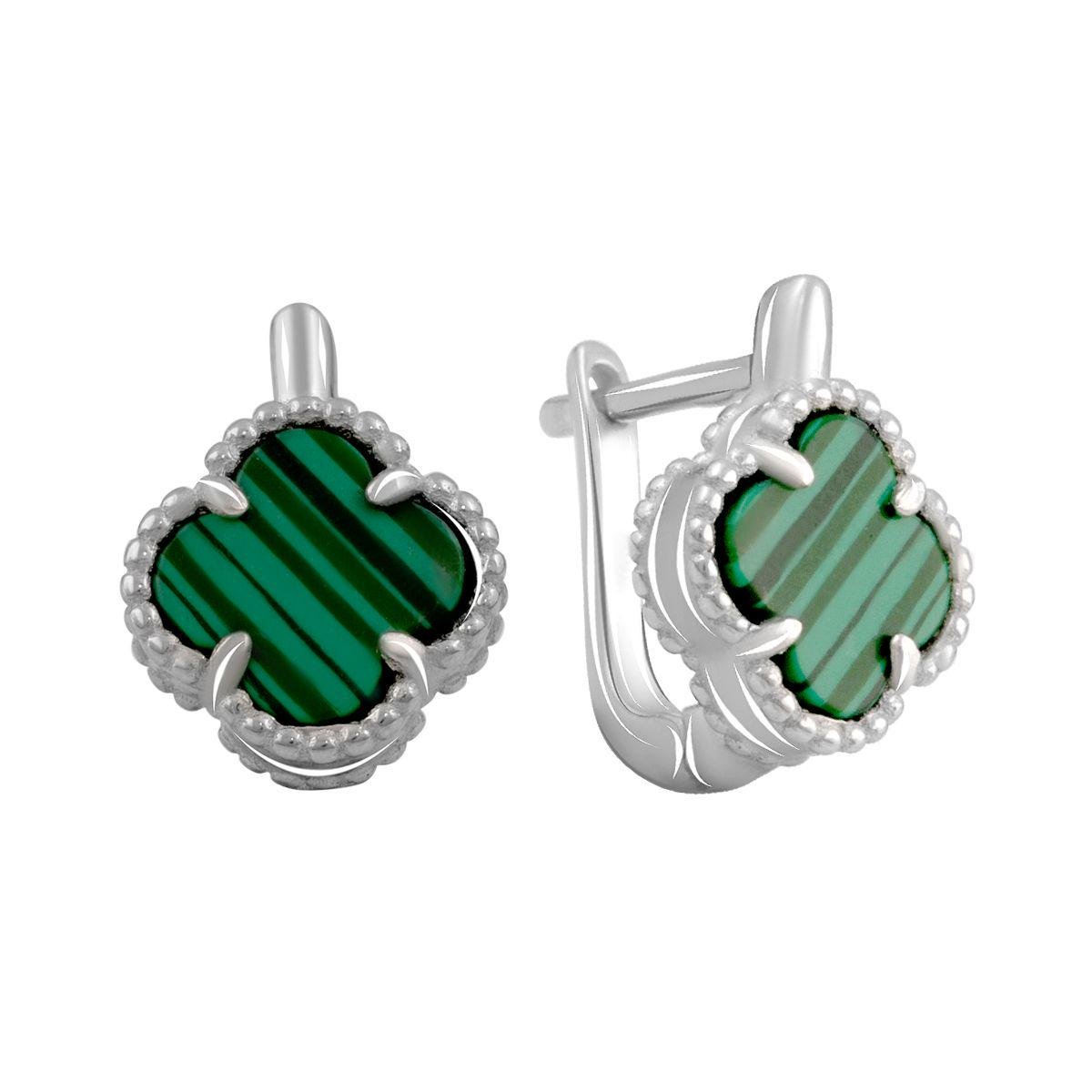Сережки срібні з малахітом у формі конюшини Сережки срібні з малахітом у формі конюшини