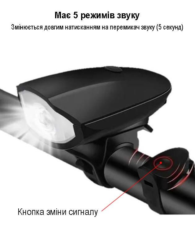 Фонарь велосипедный с сигналом 5 режимов И задняя фара светодиодная аккумуляторная Черный - фото 6