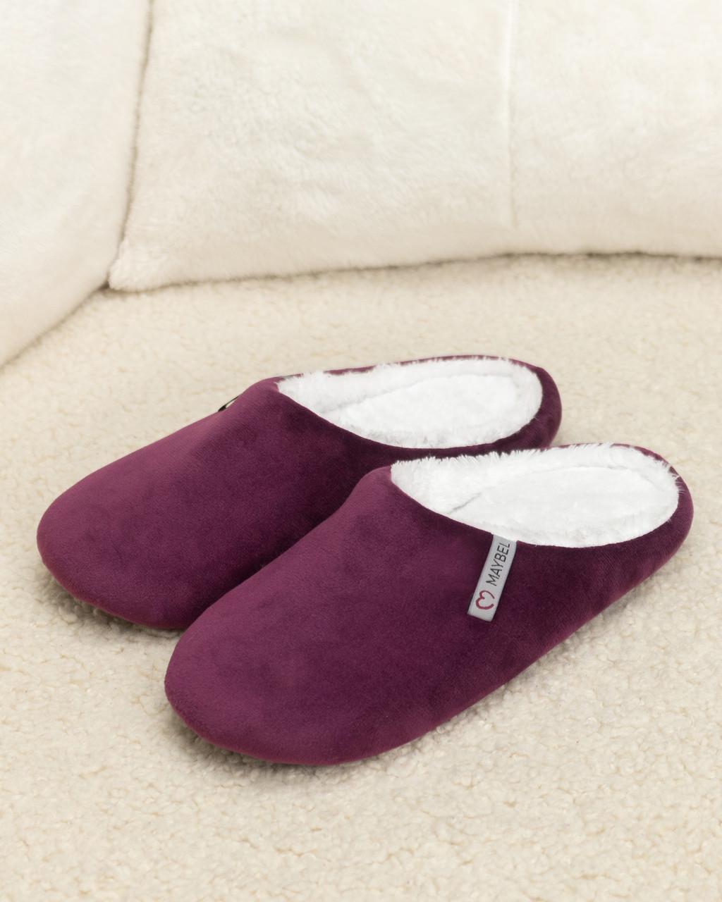 Тапочки домашние велюровые утепленные закрытые Бордовый/Белый (2133870646)