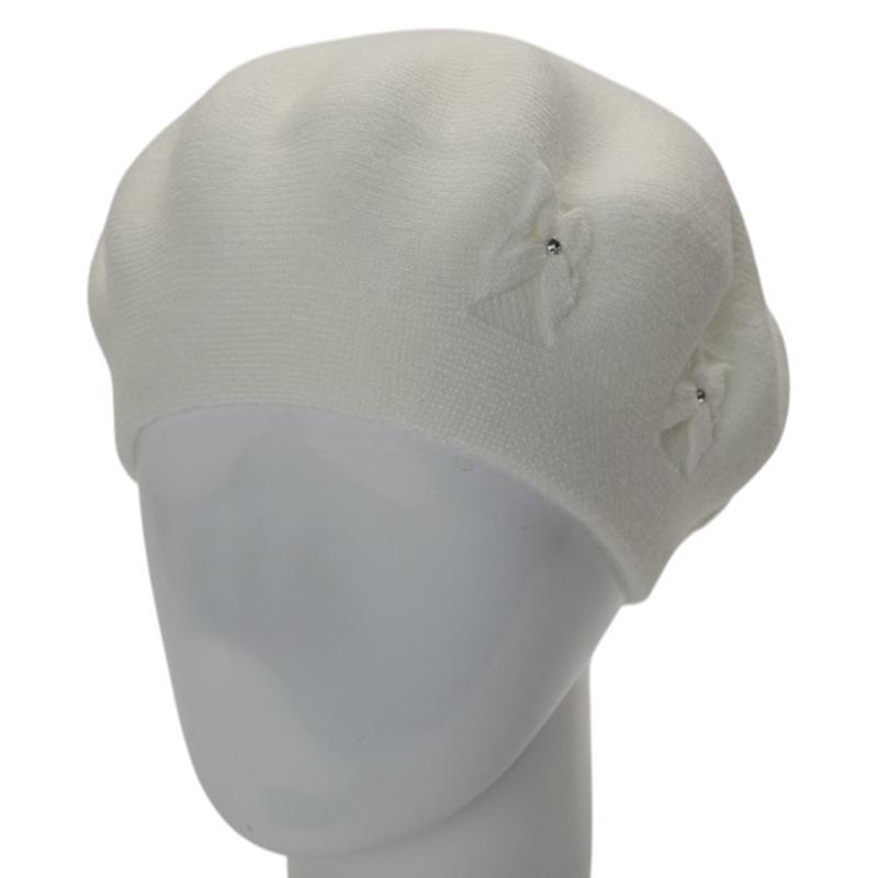 Берет женский двойной тонкой вязки Lirus Баунти с узором и стразами Белый