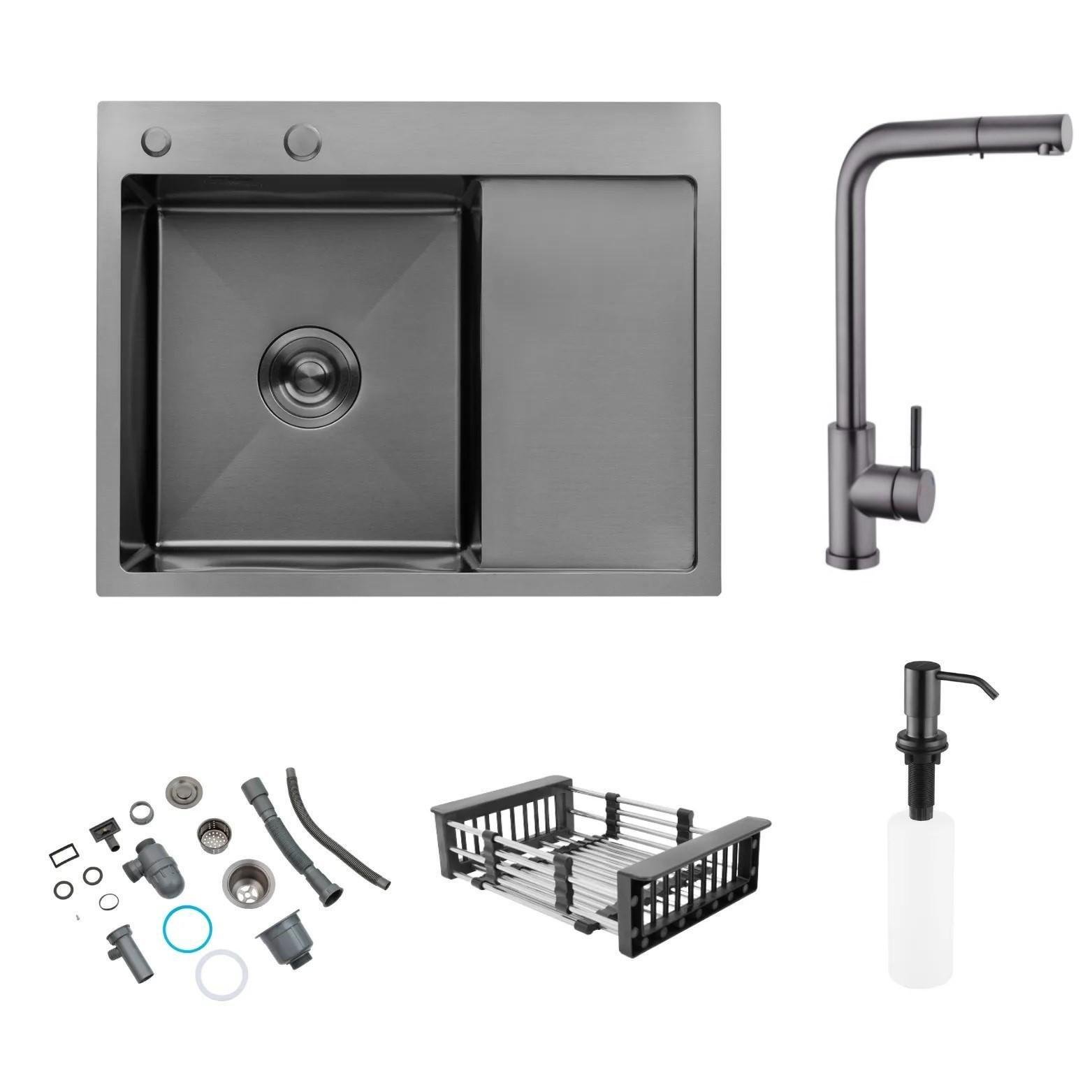 Мийка Kroner Schwarze 6350LHM PVD та змішувач для кухні з висувним виливом Kroner-PVD03917