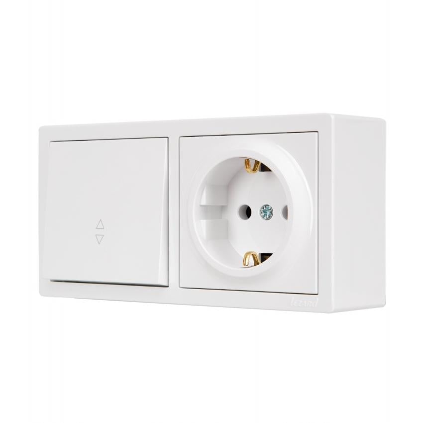 Вимикач одноклавішний прохідний Lezard Leto та розетка одинарна з заземленням Білий (752-0200-170BIP)