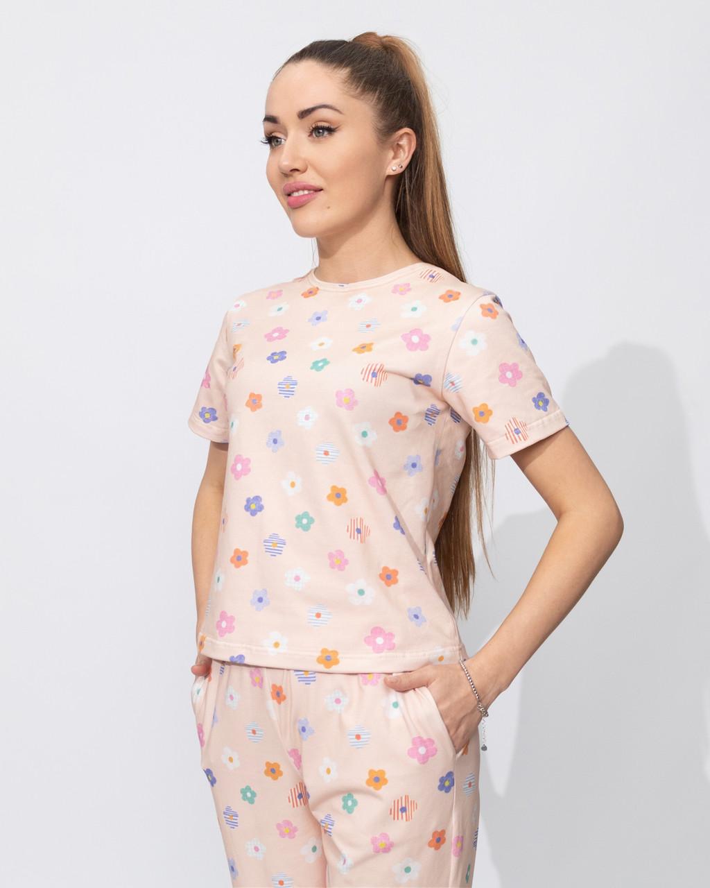 Пижама женская из кулира футболка и штаны с принтом Цветочки