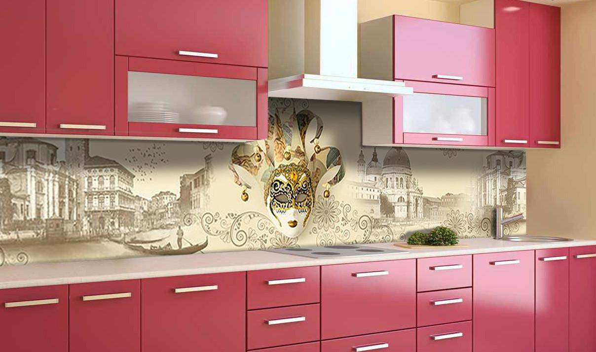 Кухонный фартук Карнавальная маска Венеция гондола из самоклеющейся виниловой пленки 60х250 см Бежевый