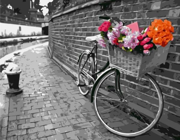 Картина по номерам Strateg Пейзаж Велосипед на брусчатке в Ч/Б в термопакете 40х50 см (VA-1817-mt)