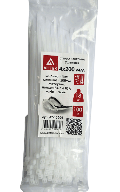 Стяжка для кабеля АНТЕК AT-10204 4х200 мм 100 шт. Белый