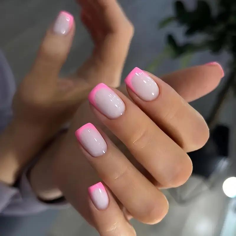 Накладні нігті короткі Кольоровий френч квадрат з клейовими пластинами та пилкою 24 шт. Рожевий (2789190718) - фото 2