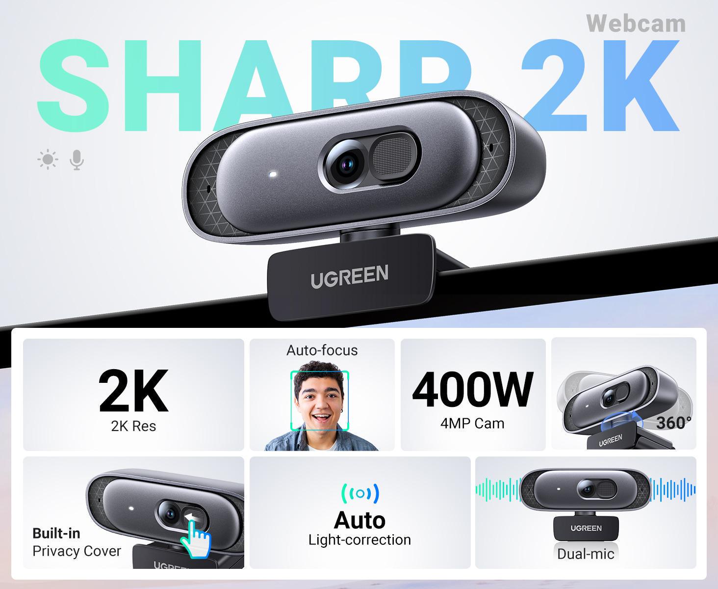 Веб-камера UGREEN 2K 30fps 4 Мп автофокус з двома мікрофонами Чорний (35626) - фото 2 Веб-камера UGREEN 2K 30fps 4 Мп автофокус з двома мікрофонами Чорний (35626) - фото 2