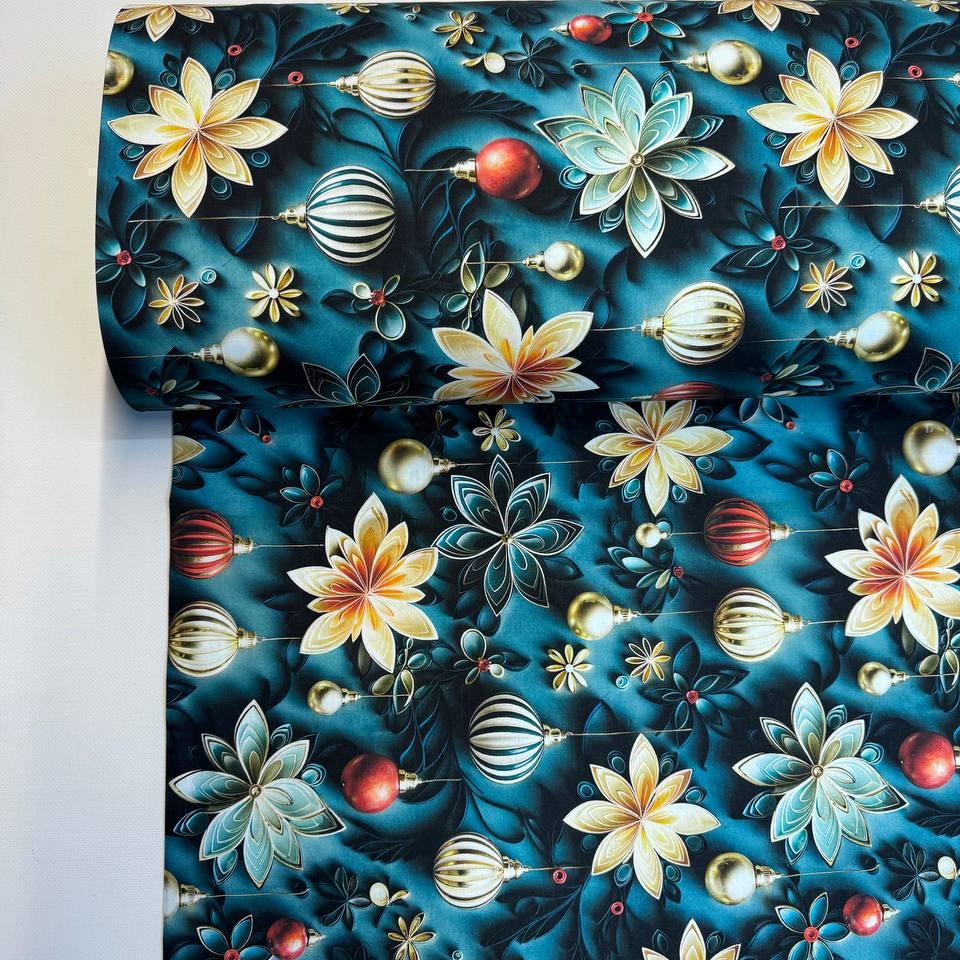 Ткань для постельного белья ранфорс Digital 5D рождественские цветы 240 см Темно-синий (00154)