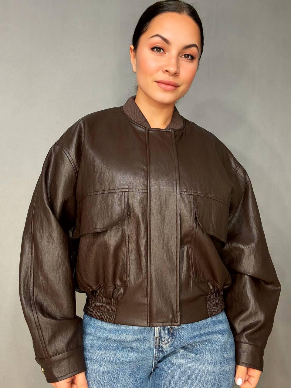 Куртка женская Lady Yep 10048 бомбер из экокожи оверсайз S Коричневый (6290)