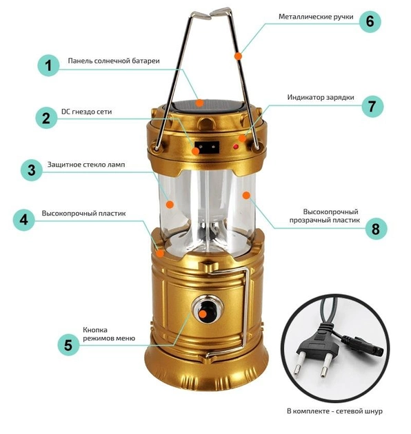 Ліхтар-лампа туристичний CAMPING MH-5800T LED на сонячній батареї Коричневий (ws84883-1) - фото 3