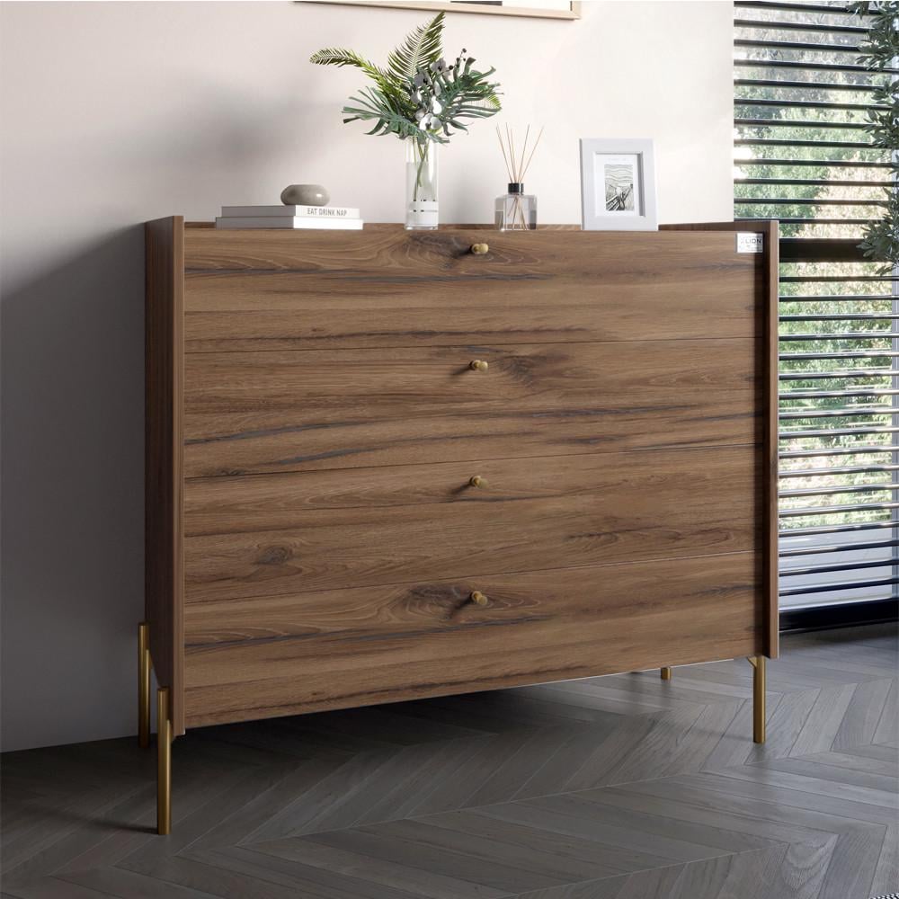 Комод Lion Wood с 4 ящиками с золотыми ножками 100х90х45 см Дуб Ливорно (LION-042965)