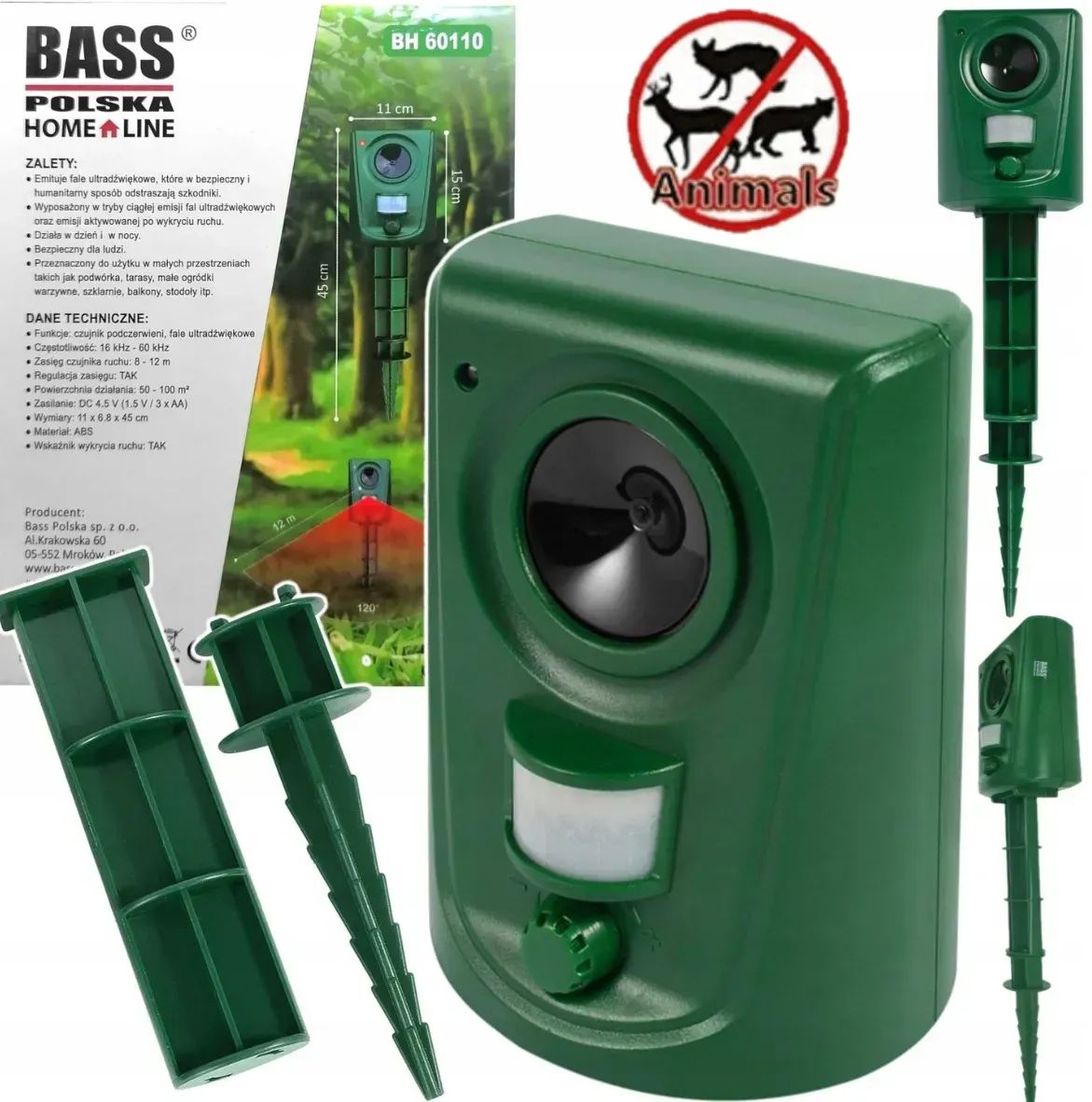 Відлякувач тварин ультразвуковий Bass Polska BH 60110 з інфрачервоним датчиком Зелений - фото 2 Відлякувач тварин ультразвуковий Bass Polska BH 60110 з інфрачервоним датчиком Зелений - фото 2