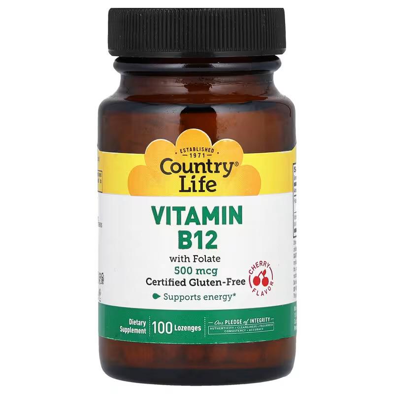 Витамин Country Life Vitamin B12 with Folate Cherry В-12 и фолиевая кислота 100 леденцов