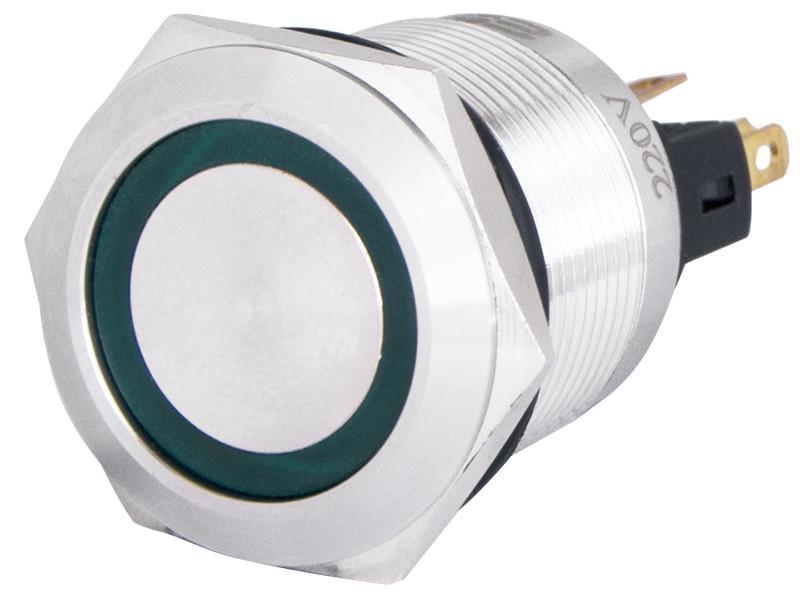 Кнопка TYJ 22-371 металлическая плоская с фиксацией 1NO+1NC с подсветкой 220V Зеленый (A0140010135) Кнопка TYJ 22-371 металлическая плоская с фиксацией 1NO+1NC с подсветкой 220V Зеленый (A0140010135)
